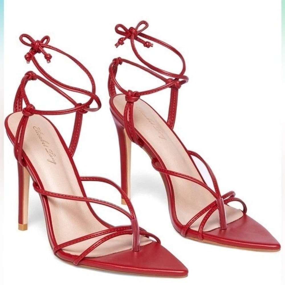 Elisabet Tang Red Strappy Stiletto Sandals Pointed Toe Lace Up Heels Womens 7